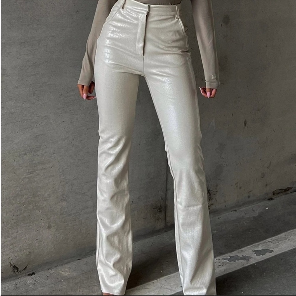 Meshki Cream Faux Croc Leather Pants